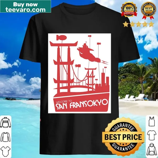 Shirt featuring an illustration of Sanfransokyo fusion.