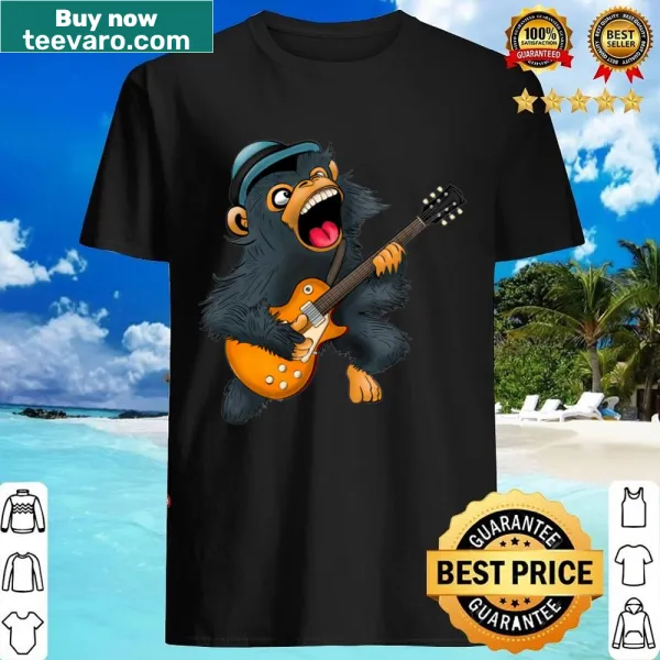 Cartoon of a crazy ape playing guitar on a shirt