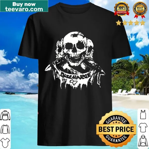 Edgy Discharge shirt featuring bold typography and graphics