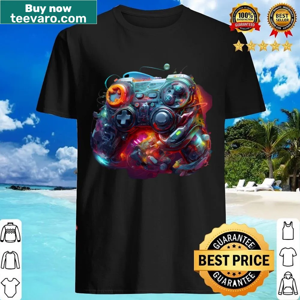 Futuristic game controller graphic shirt appealing to gamers
