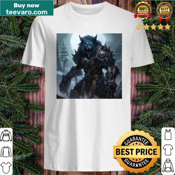 Cartoon graphic of a Worgen character on a t-shirt