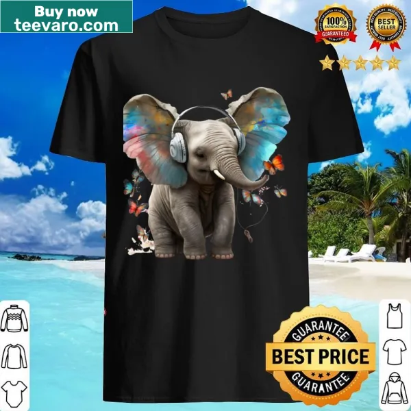Cute baby elephant enjoying music with notes around