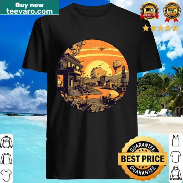 Whimsical illustration of a post-apocalyptic scene on a t-shirt