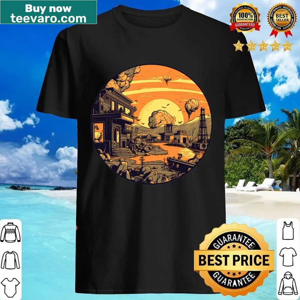 Whimsical illustration of a post-apocalyptic scene on a t-shirt