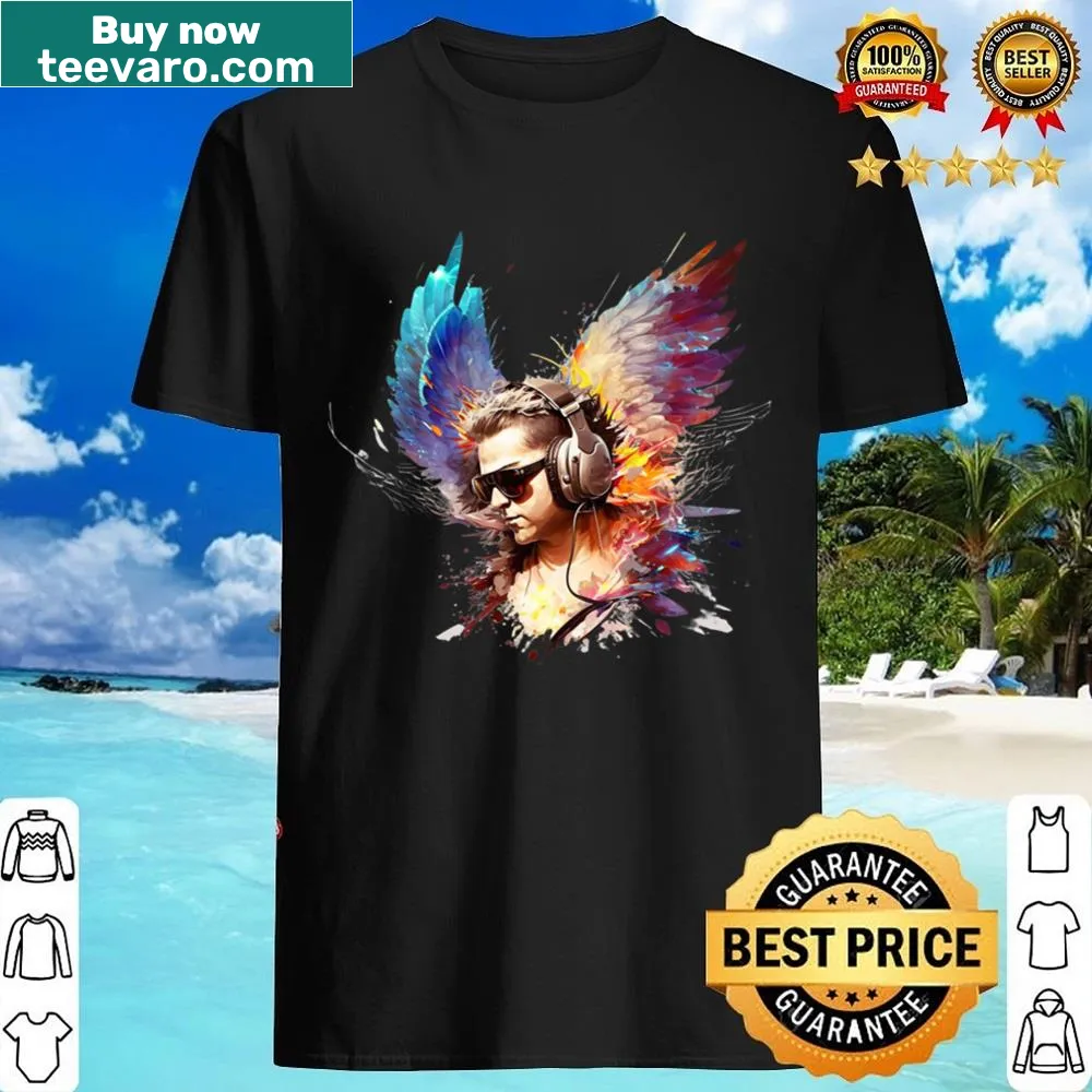Illustrative shirt of an angel with wings surrounded by musical notes.