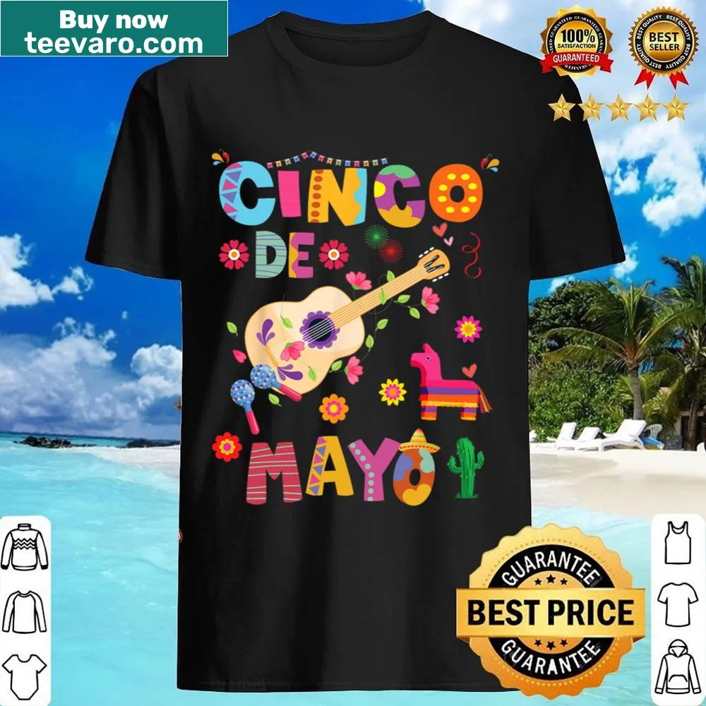 Cinco De Mayo shirt with fiesta-themed graphics of sombreros and maracas