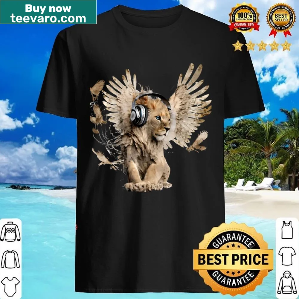 Whimsical shirt featuring a cub with wings enjoying music