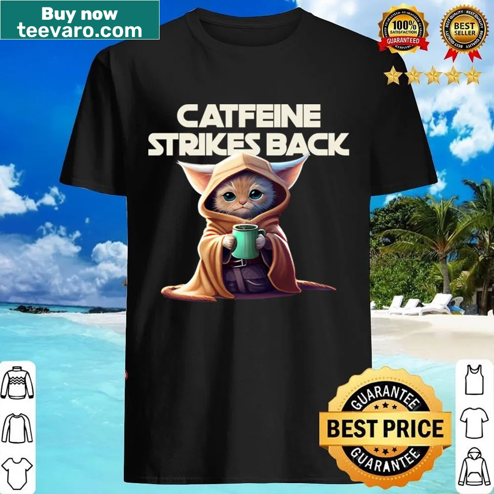 Cartoon shirt featuring a galactic cat warrior brewing coffee