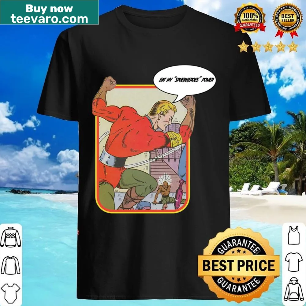 Vintage comic-style shirt featuring superheroes and humorous text