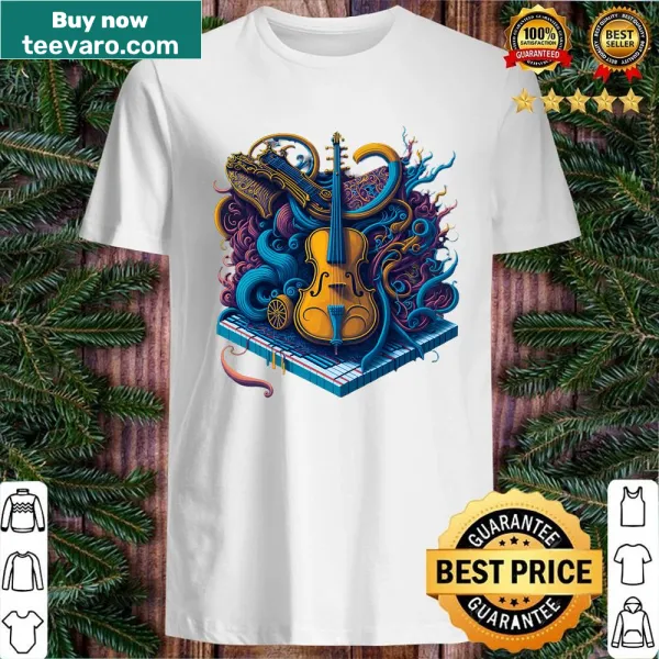 Illustration of guitar surrounded by musical notes on shirt