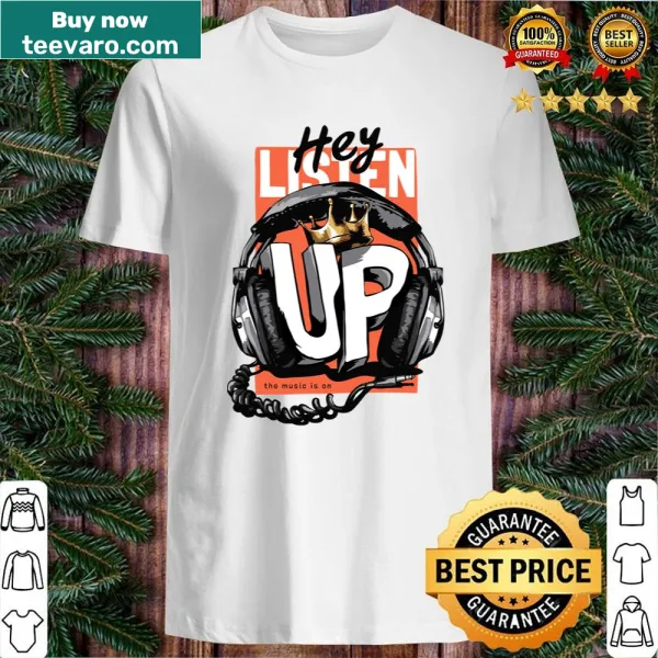 Playful typography shirt stating 'The Music Is On.'