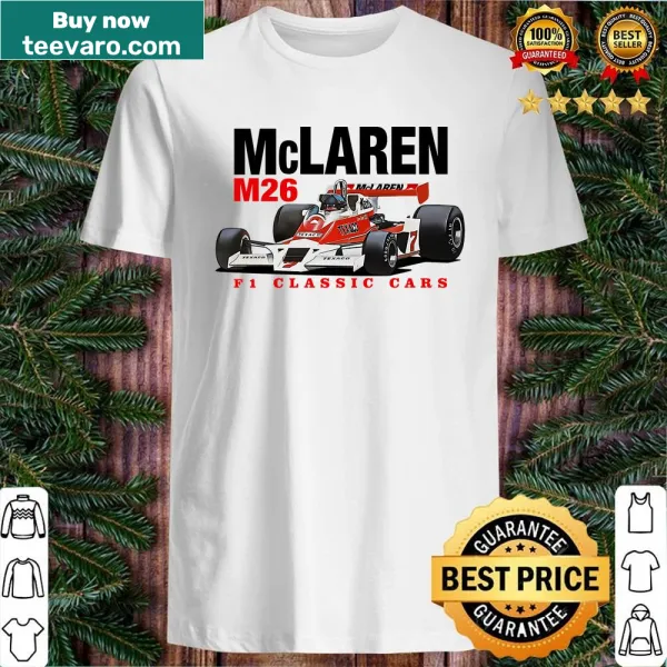 Retro style shirt featuring the Mclaren Hunt M26 F1 car from 1977