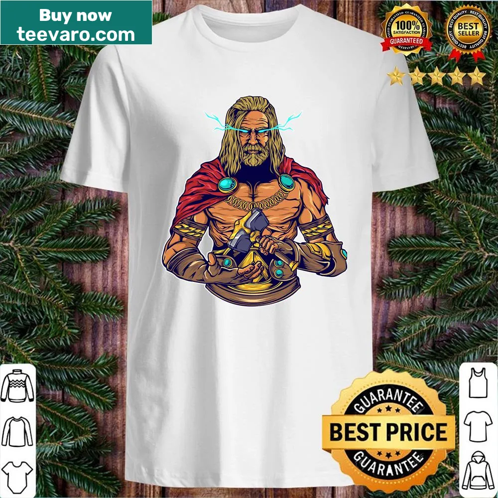 Shirt featuring an illustration of a Nordic man with a hammer