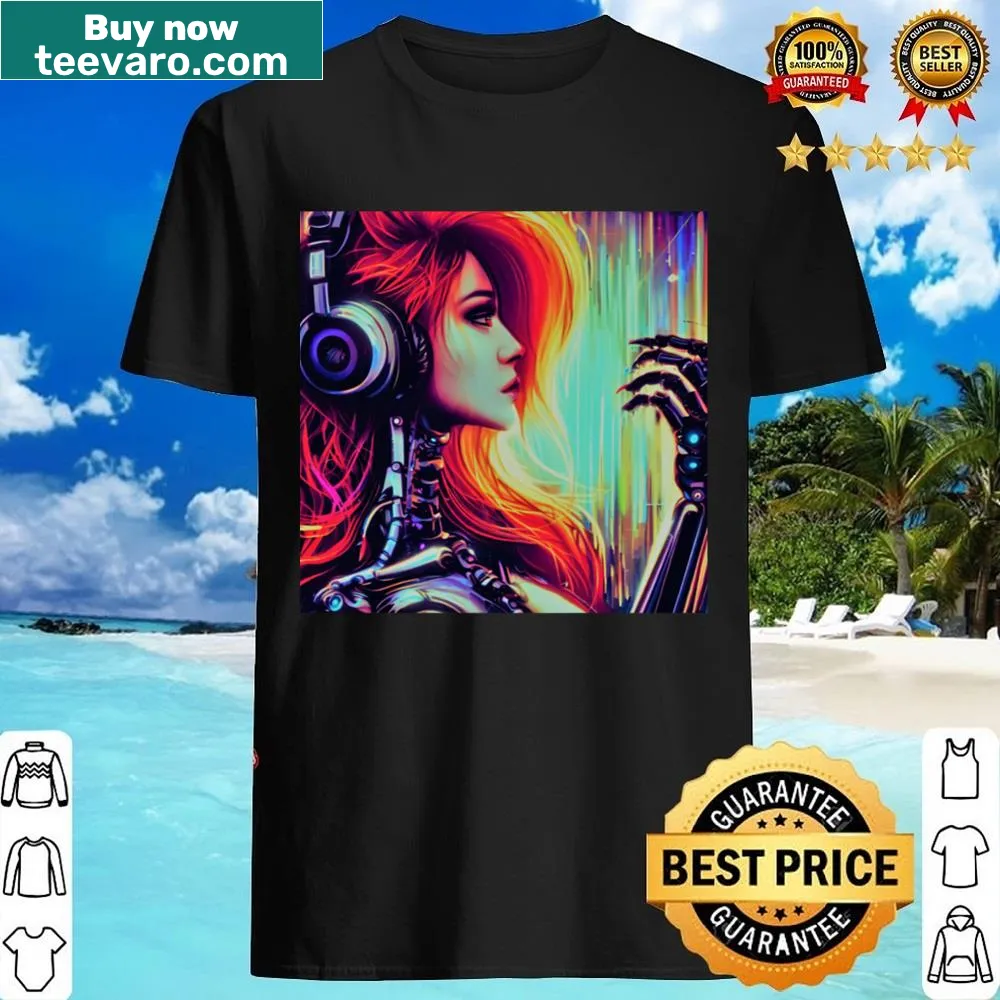 Cartoon shirt featuring a robotic redhead enjoying music