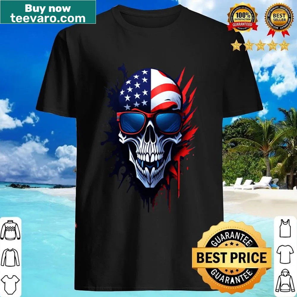 Skull graphic with trendy sunglasses on a patriotic shirt