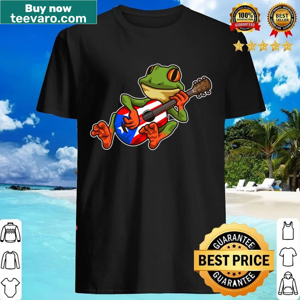 Cartoon coqui frog playing guitar design on a shirt