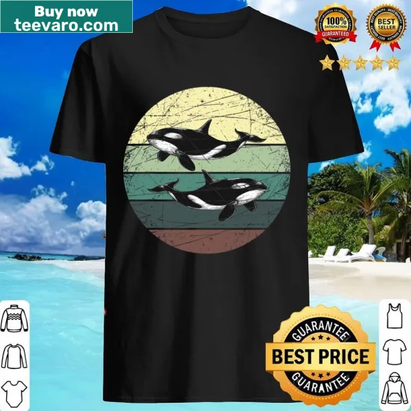 Shirt featuring a retro design celebrating orcas in their natural habitat.