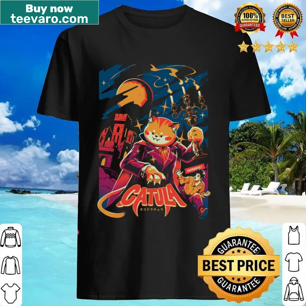 Whimsical Catula graphic shirt combining cat and vampire themes