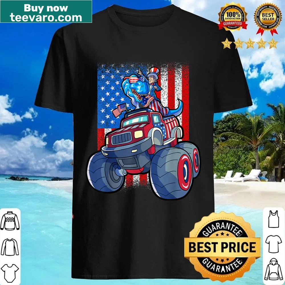 Dinosaur driving a monster truck with American flag design