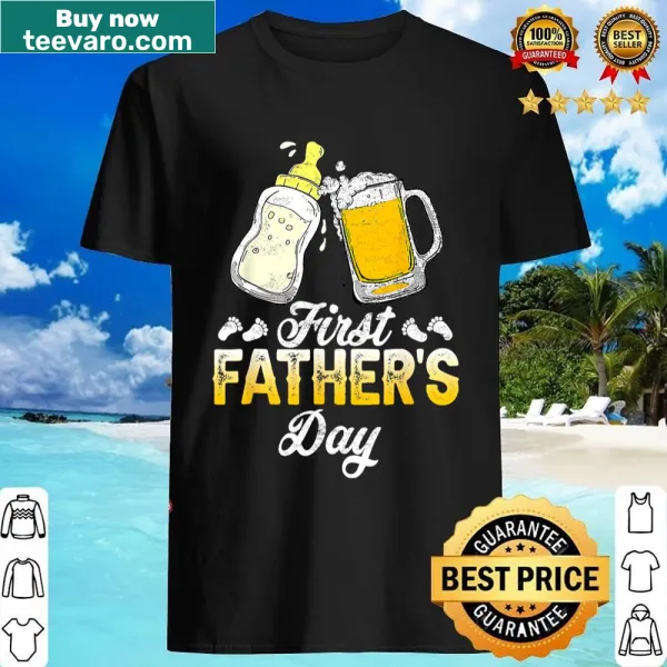 Comical first Father's Day shirt featuring a beer and baby bottle
