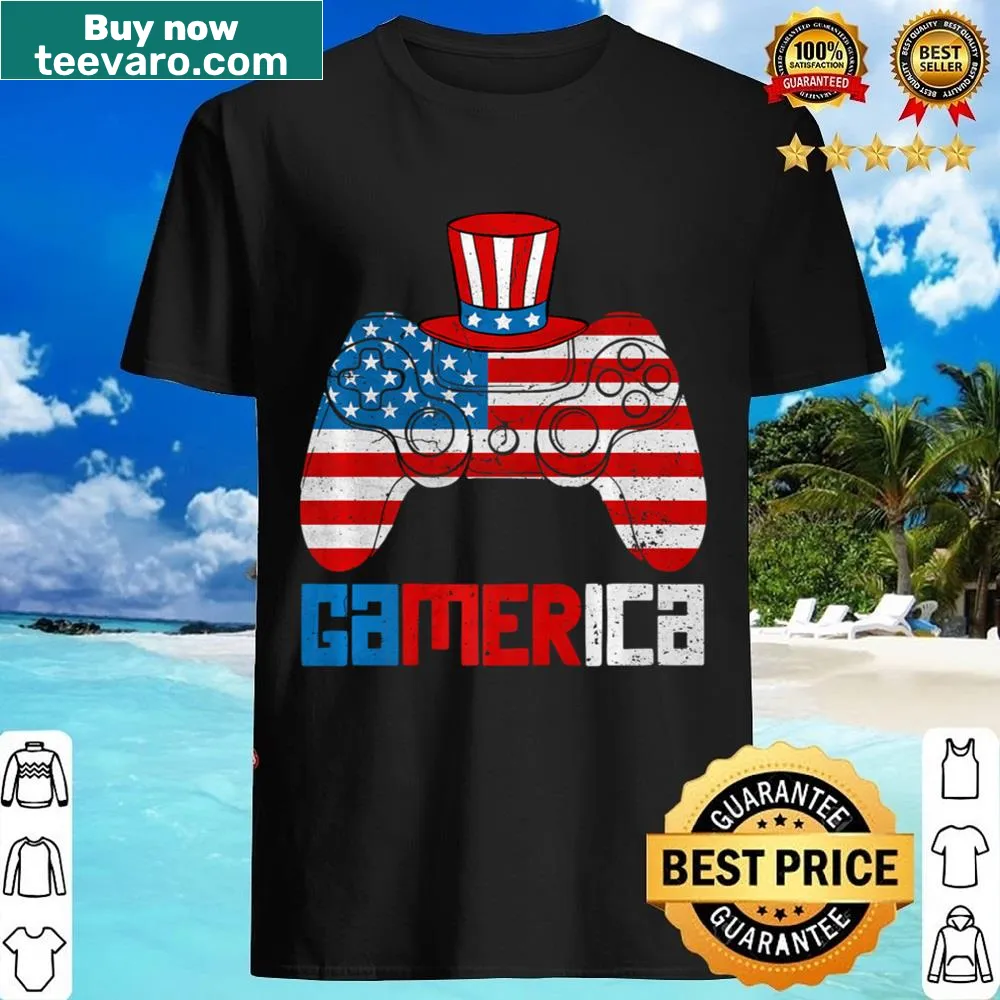 Patriotic gamer shirt featuring the USA flag and gaming elements.