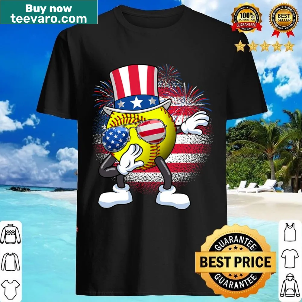 Cartoon Uncle Sam dabbing with a softball on a kids' shirt