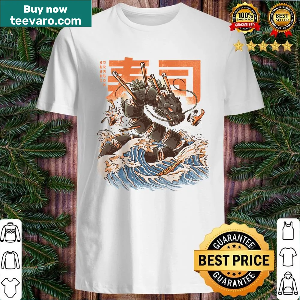 Cartoon dragon enjoying sushi on a whimsical t-shirt.
