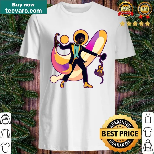 Saxophone graphic shirt promoting music and dance