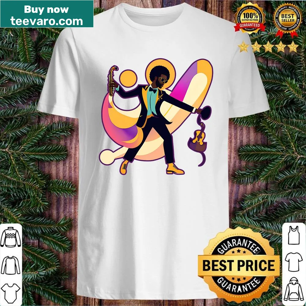 Saxophone graphic shirt promoting music and dance