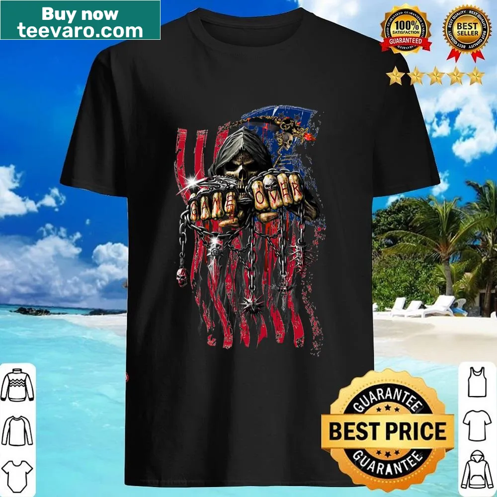 Patriotic T-shirt featuring a striking skull graphic in red, white, and blue
