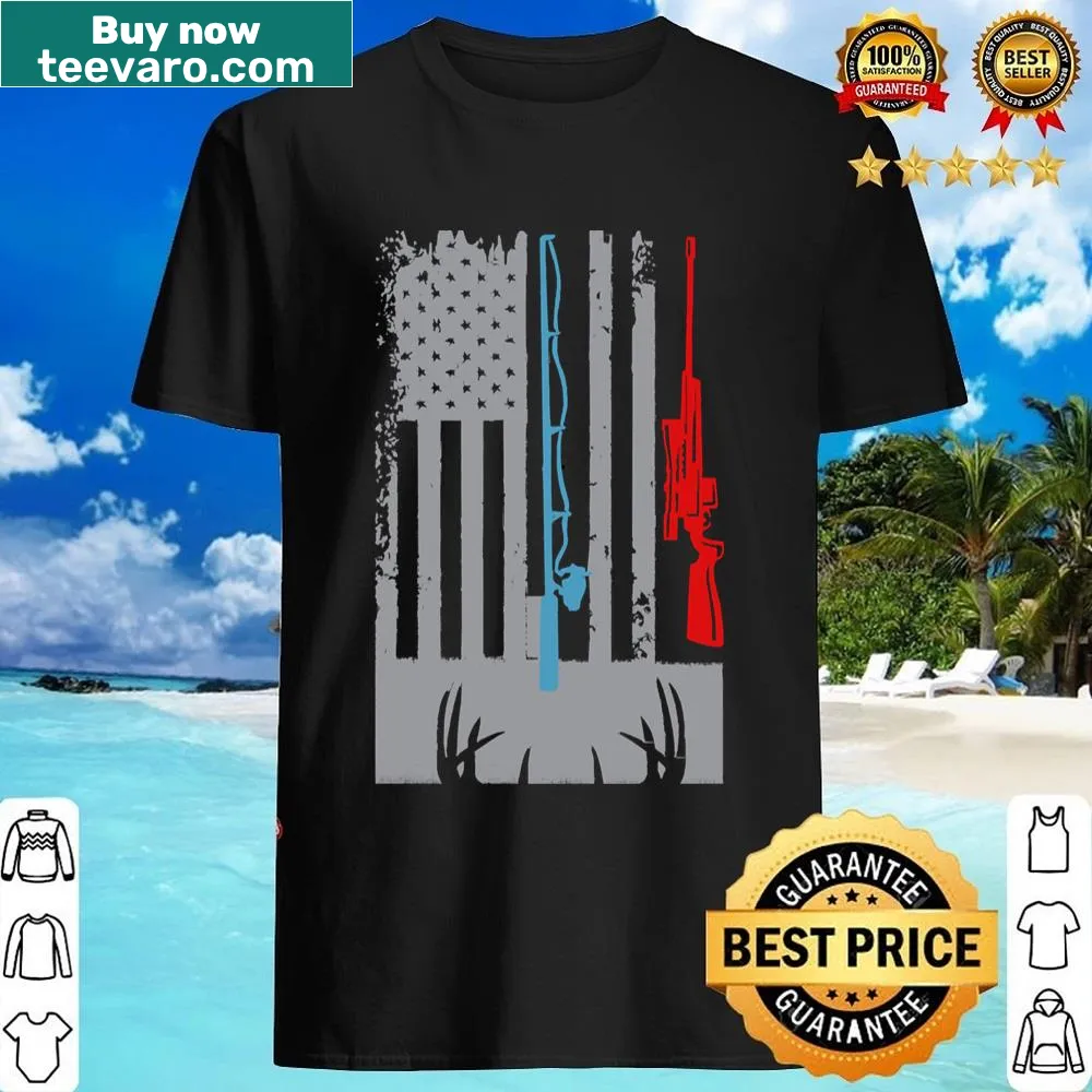 American flag-themed shirt featuring fishing and deer hunting graphics.