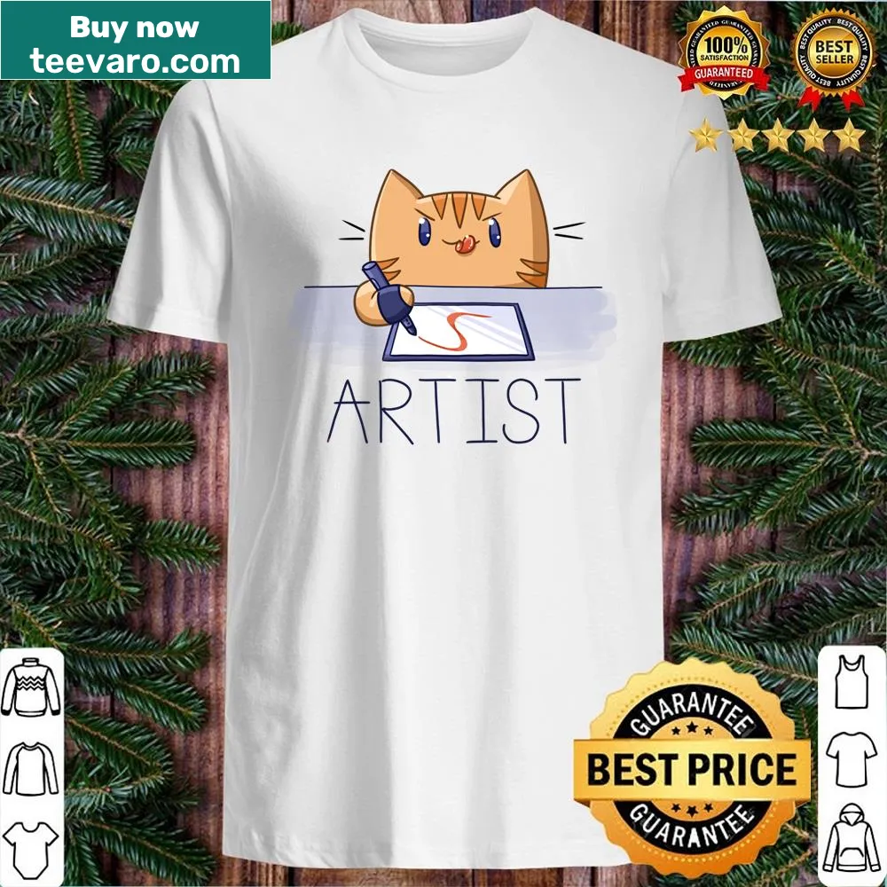 Cute shirt featuring an artist cat with art supplies.