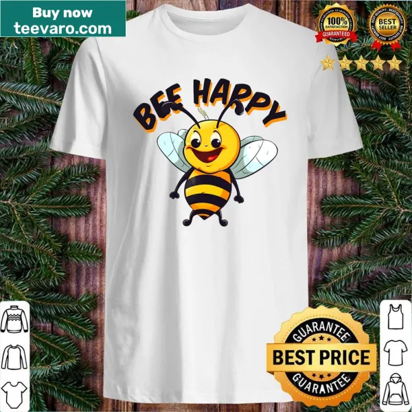 Cartoon smiling bee on a shirt promoting happiness.