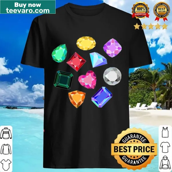Illustration of gemstones from different eras on an active shirt
