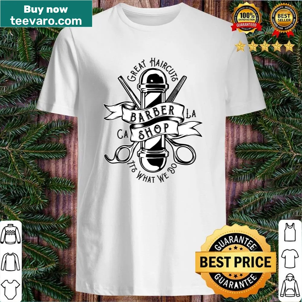 Shirt featuring bold typography stating 'Great Haircuts'