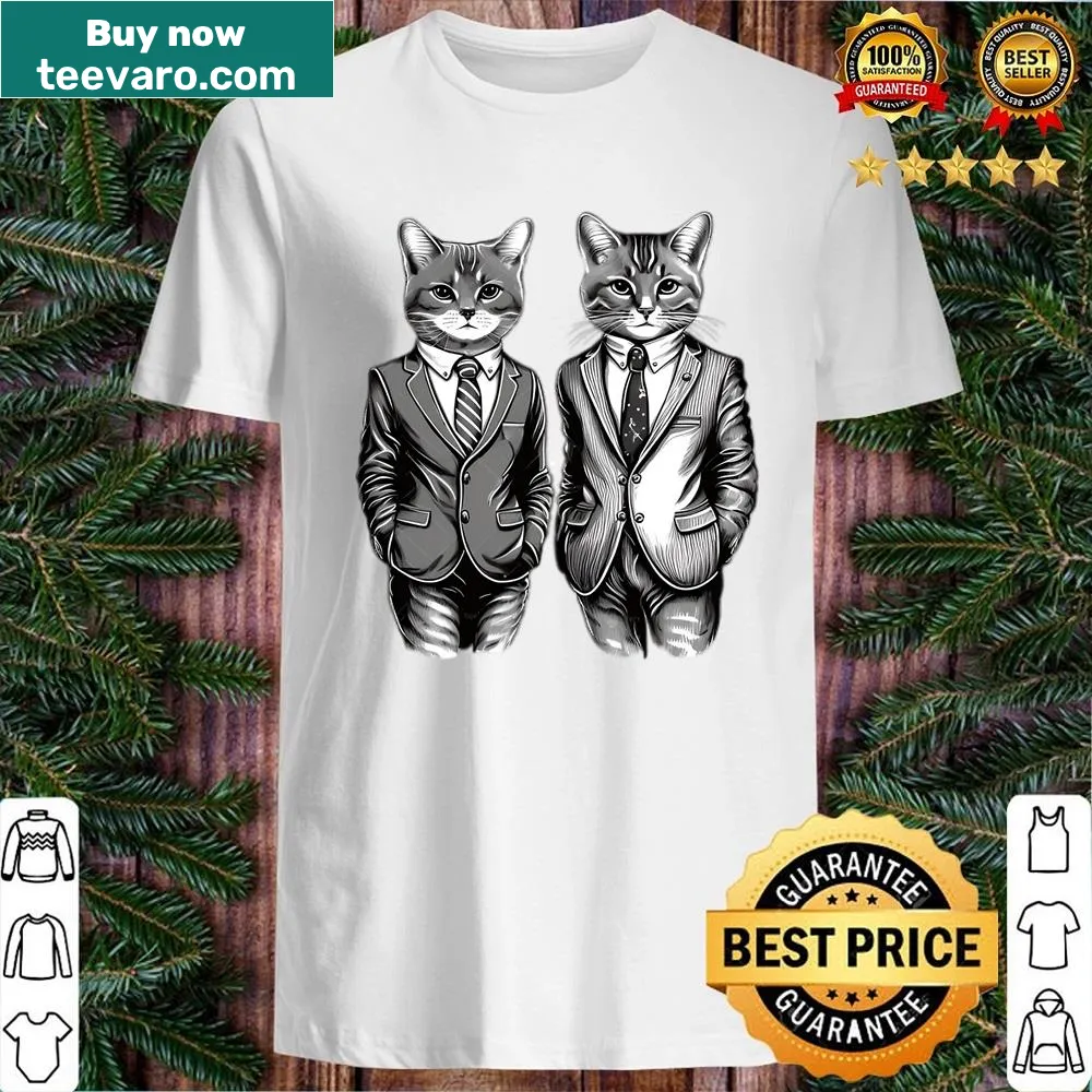 Funny illustration of cats in suits on a casual shirt