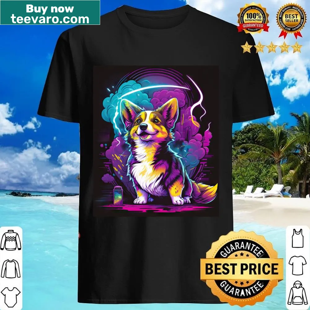 Cartoon corgi in synthwave style on a shirt