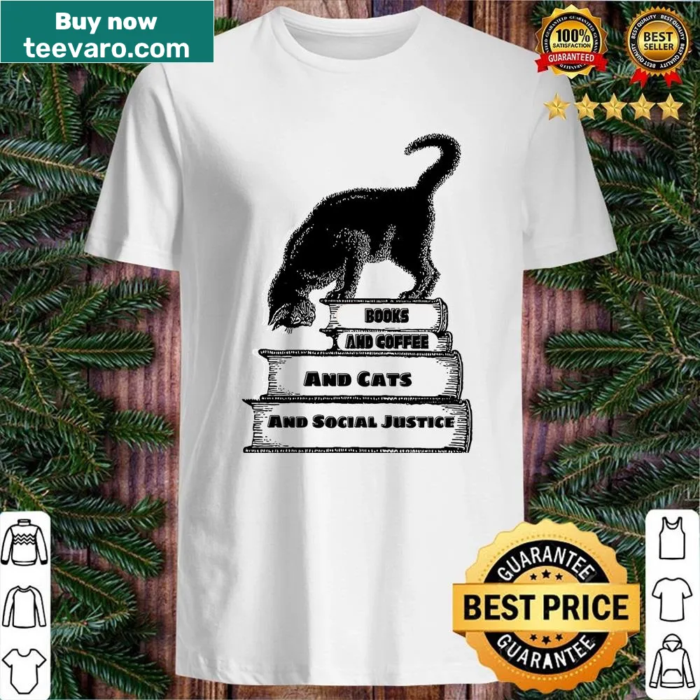 Shirt with typography celebrating books, coffee, and social justice