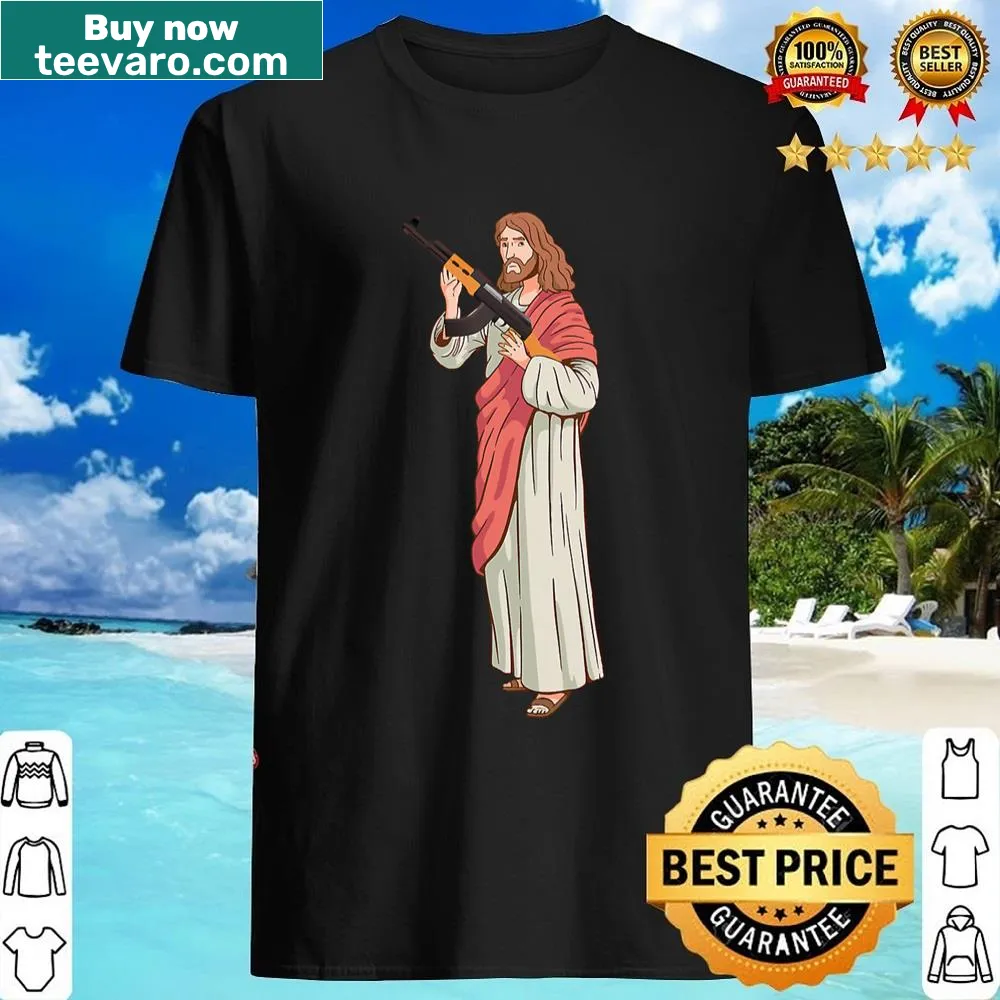 Graphic t-shirt featuring Jesus with an AK-47 assault rifle