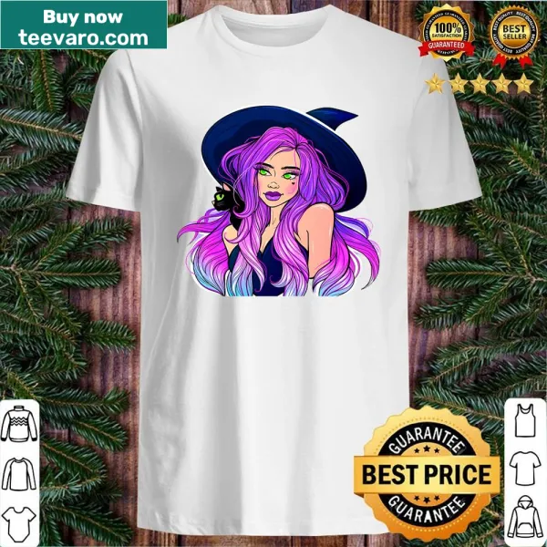 Enchanting magician girl graphic in purple tones on T-shirt