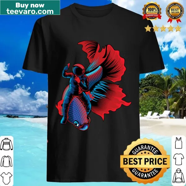 Astronaut riding a betta fish in space for a fun shirt design.