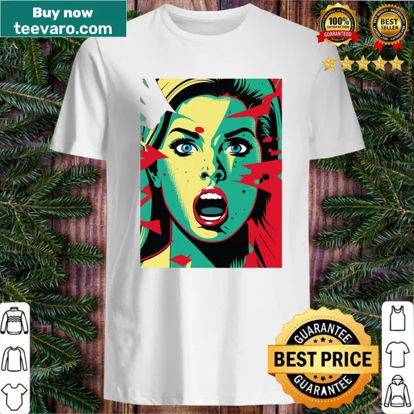 Pop art graphic of a surprised woman on a shirt