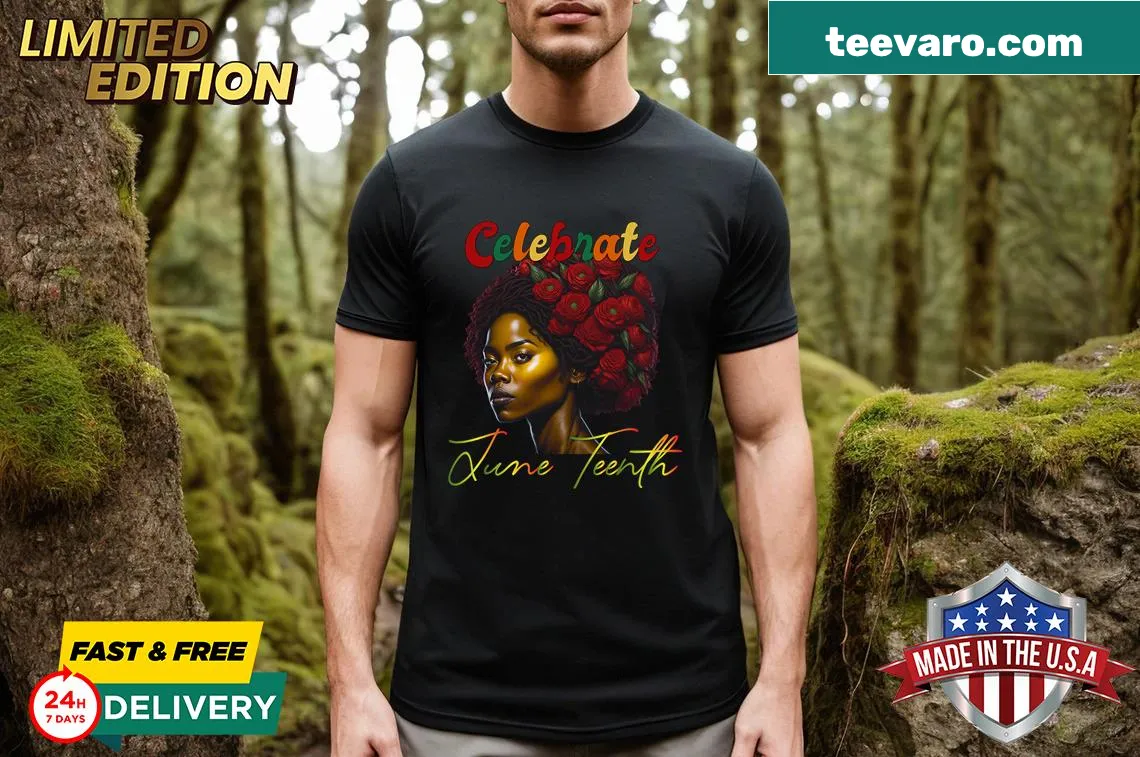Illustrated T-shirt celebrating Juneteenth and Black History Month — on a men's t-shirt