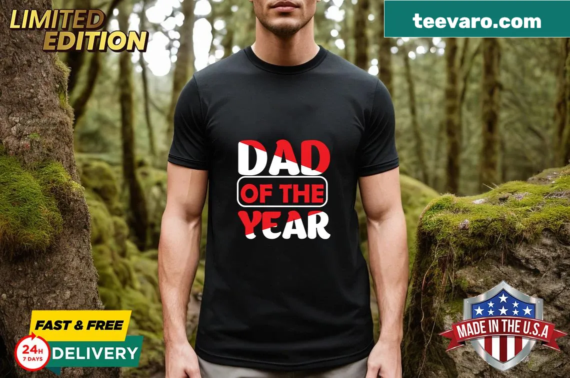 Typography design declaring 'Dad of the Year' on a t-shirt — on a men's t-shirt