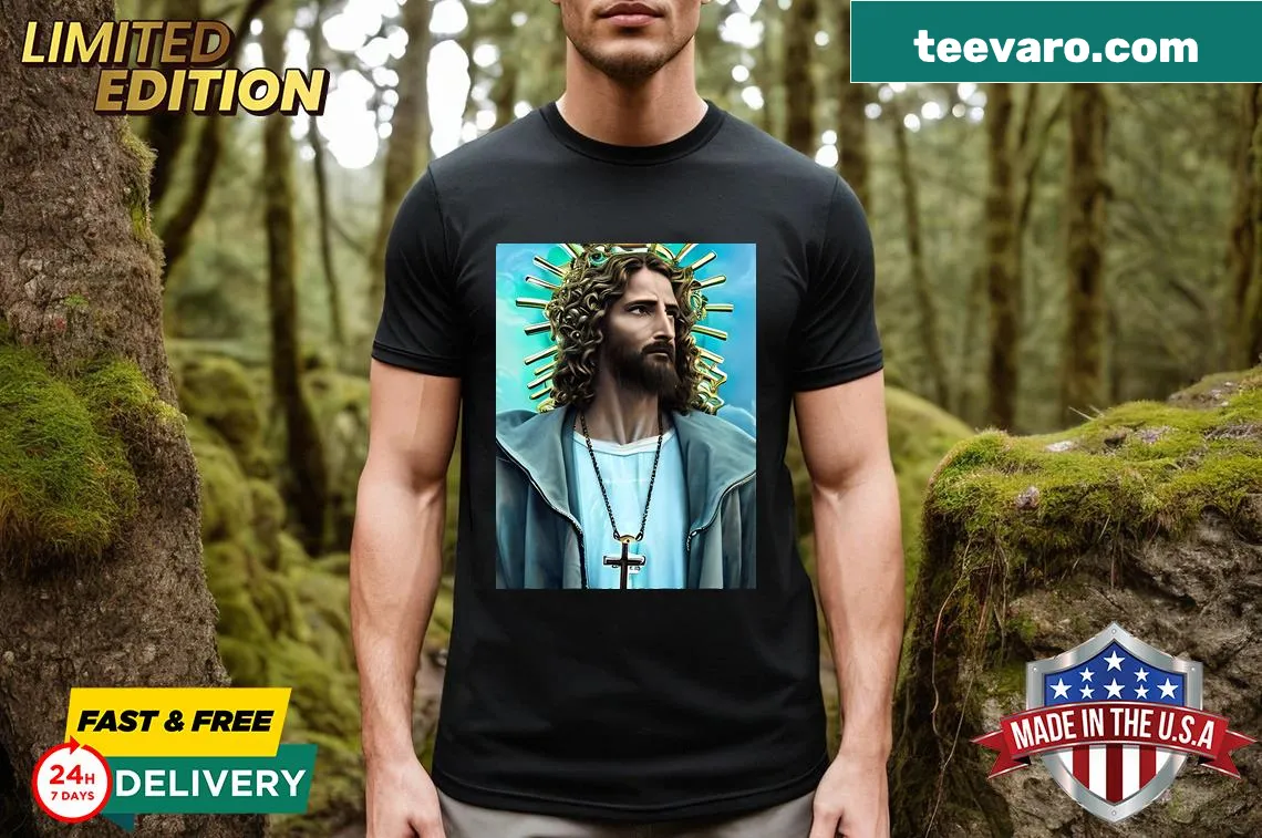 Personalized t-shirt with 'Fresh Jesus' and cross necklace design — on a men's t-shirt