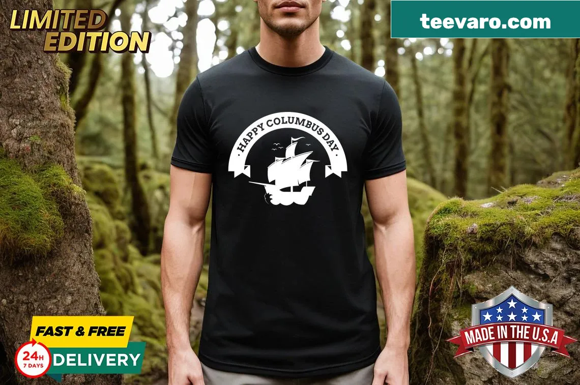 Hand-lettered Columbus Day graphic on T-shirt — on a men's t-shirt