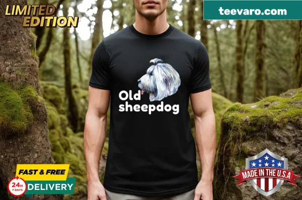 Trendy t-shirt featuring an illustration of an Old English Sheepdog.