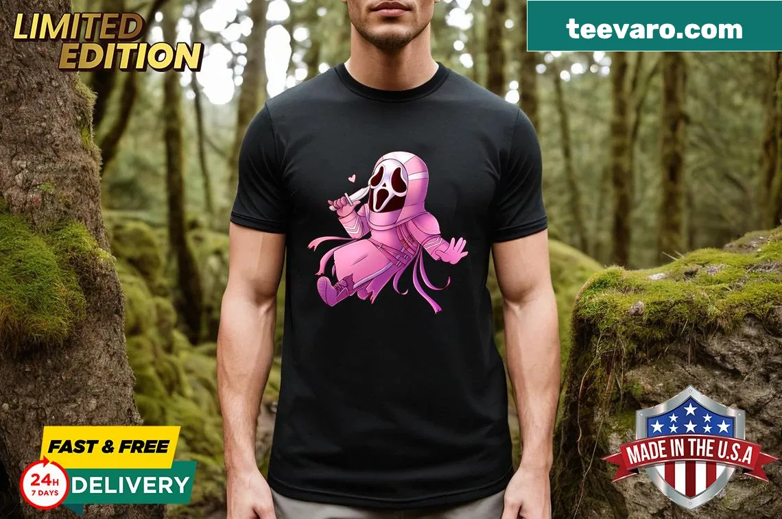 Ghostface-themed t-shirt featuring illustrations of Ghostface and related imagery — on a men's t-shirt