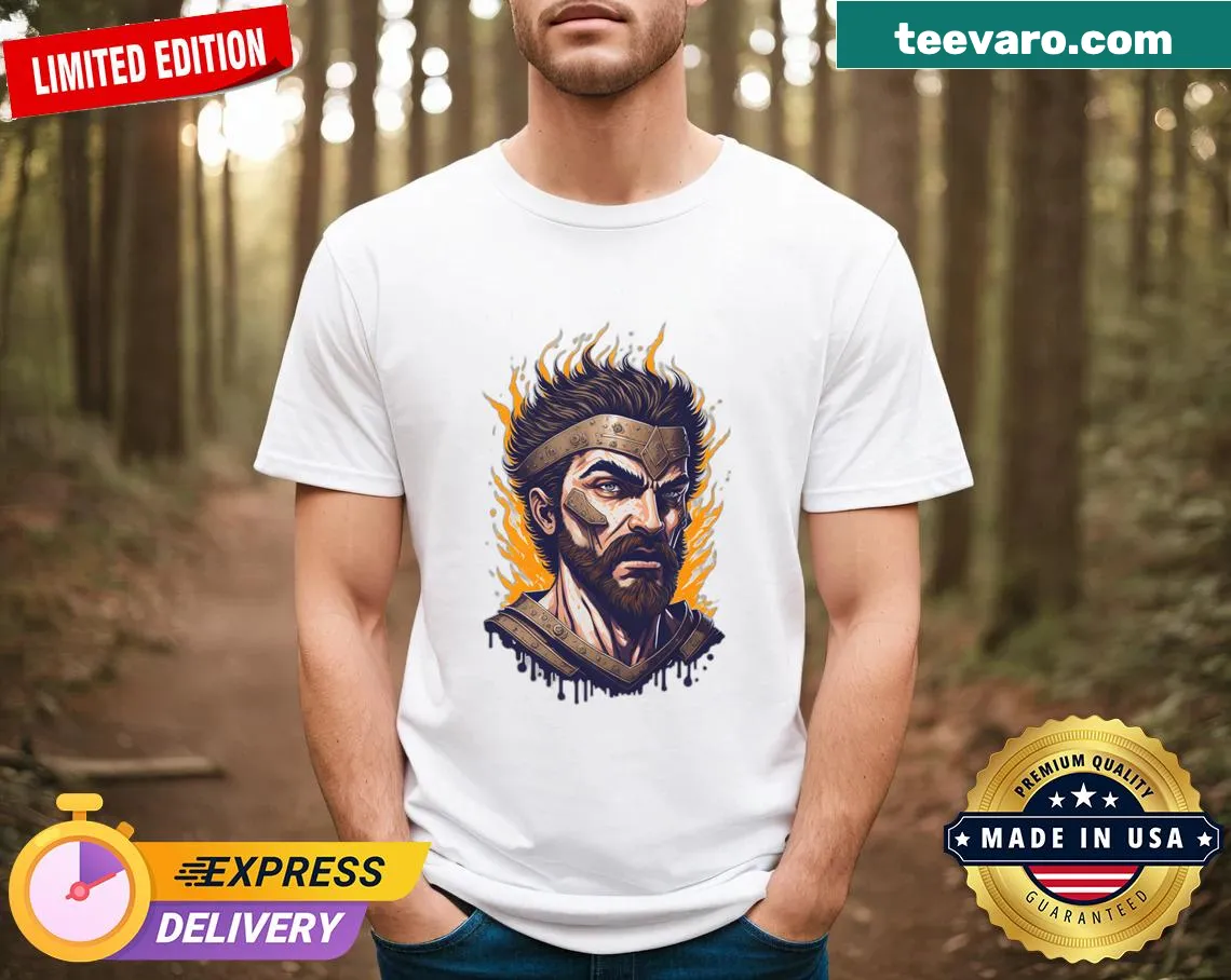 Gladiator face surrounded by fire splash design on a comfortable tee — on a men's t-shirt