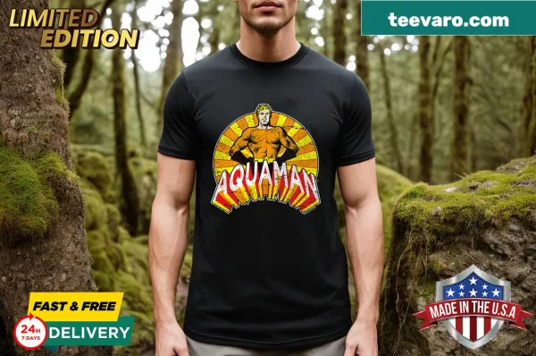Aquaman arms akimbo graphic T-shirt with humorous illustration